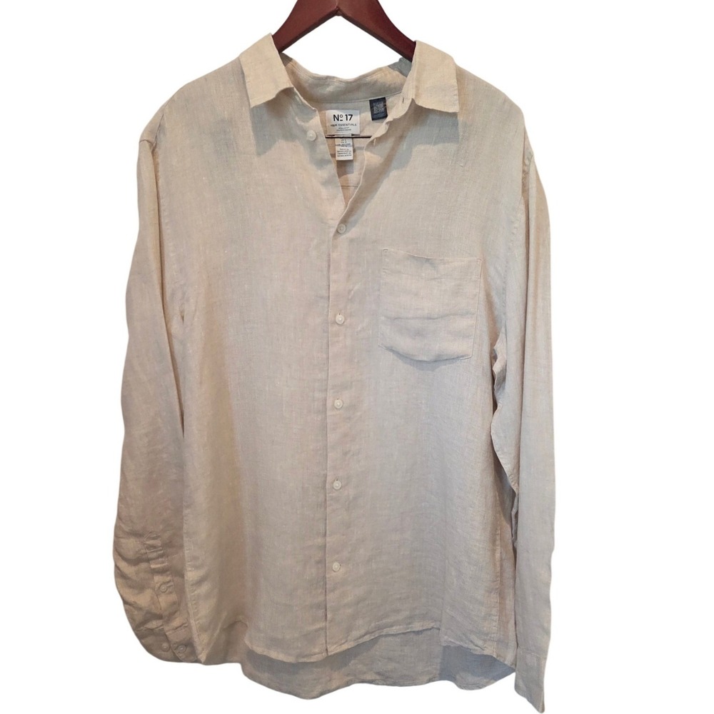 H&M No 17 Shirt Linen Button Down Regular Fit Beige Coastal Summer Men Large